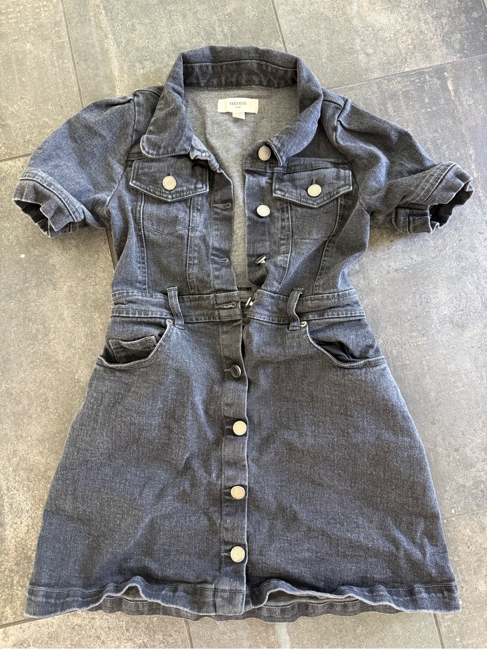 Reiss Washed Charcoal Denim Button-Front Mini Dress